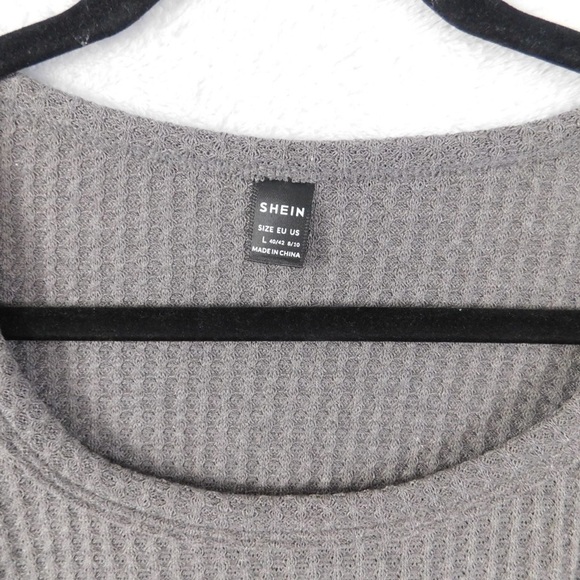 SHEIN Gray‎ Crop Top Long Sleeve Waffle Knit Scoop Neck Casual Top - Picture 2 of 2